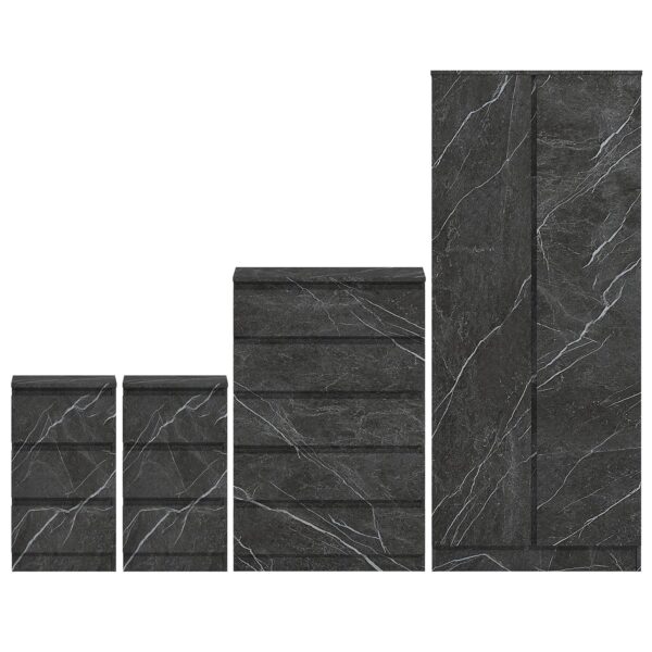 ZITA Grey Marble Effect 4 Piece Bedroom Set - 2 Door Wardrobe, Tall Chest & 2 Bedside Tables, Stylish Storage Solution - Image 3