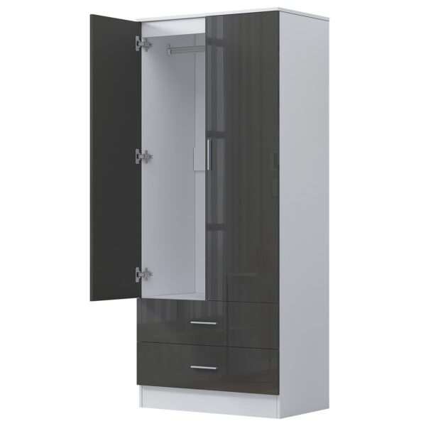 Reflect 2 Door 2 Drawer Combi Plain Wardrobe - Grey Gloss & Matt White - Hanging Rails, Drawers & Shelf - H: 180cm x W: 76cm - Image 5