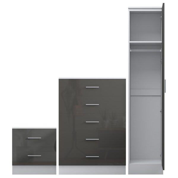 Reflect 1 Door Plain Wardrobe, 5 Drawer Chest, 2 Drawer Bedside - Grey Gloss & Matt White - Bedroom Furniture Set - Image 5