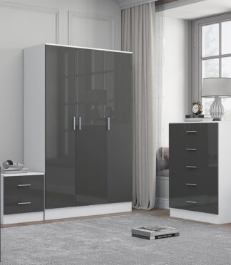 Reflect 3 Door Plain Wardrobe, 5 Drawer Chest, 2 Drawer Bedside - Grey Gloss & Matt White - Modern Bedroom Furniture Set