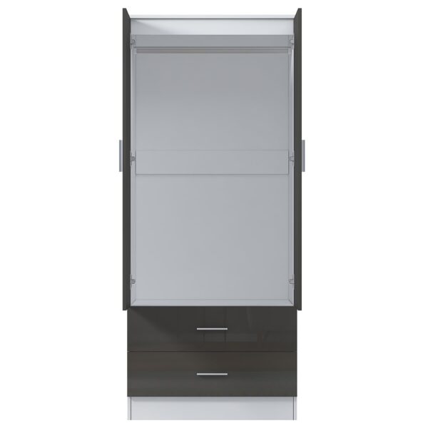 Reflect 2 Door 2 Drawer Combi Plain Wardrobe - Grey Gloss & Matt White - Hanging Rails, Drawers & Shelf - H: 180cm x W: 76cm - Image 8
