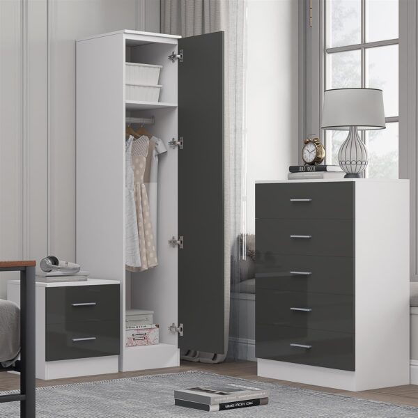 Reflect 1 Door Plain Wardrobe, 5 Drawer Chest, 2 Drawer Bedside - Grey Gloss & Matt White - Bedroom Furniture Set - Image 2
