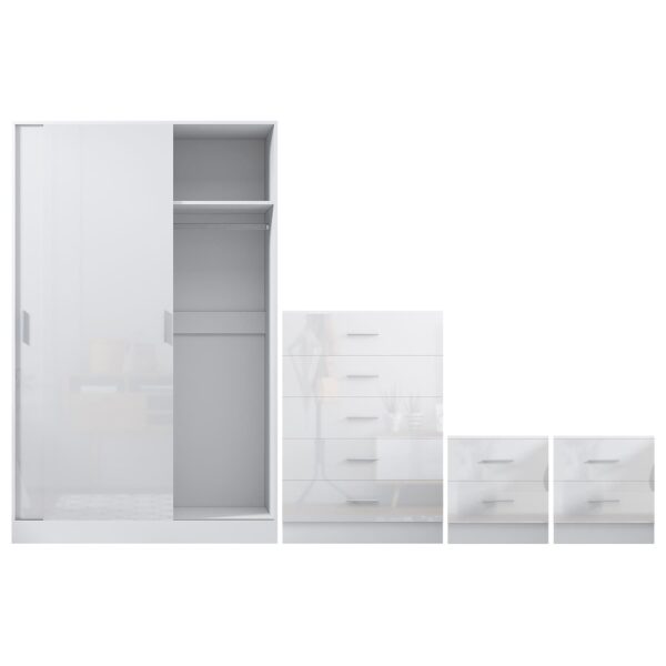 Reflect 2 Door Sliding Wardrobe, 5 Drawer Chest, 2x 2 Drawer Bedsides - White Gloss & Matt White - Modern Bedroom Furniture Set - Image 8