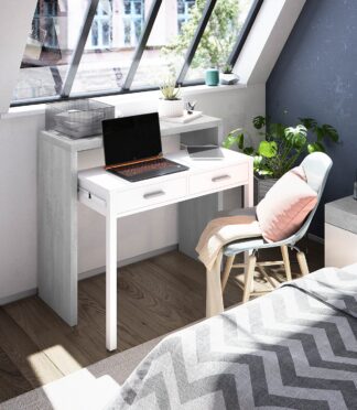 AMBRA Extending Computer Desk with 2 Storage Drawers - Home Office & Console Table for Bedroom, Living Room, Hallway - White/Grey.