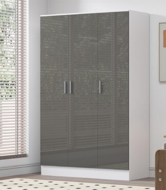 Reflect 3 Door Plain Wardrobe - Grey Gloss & Matt White - Hanging Rail & 4 Shelves- H: 180cm x W: 113cm x D: 47cm - Modern Design