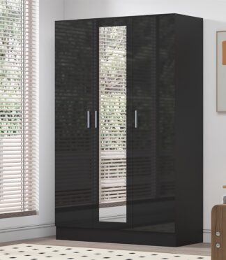 Reflect 3 Door Mirror Wardrobe - Black Gloss & Black Oak - Hanging Rail & 4 Shelves- H: 180cm x W: 113cm x D: 47cm - Modern Design