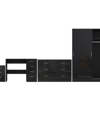 Reflect 2 Door Sliding Wardrobe, 6 Drawer Wide Chest, 3 Drawer Bedside, 4 Drawer Desk - Black Gloss & Black Oak - Modern Bedroom Furniture Set.