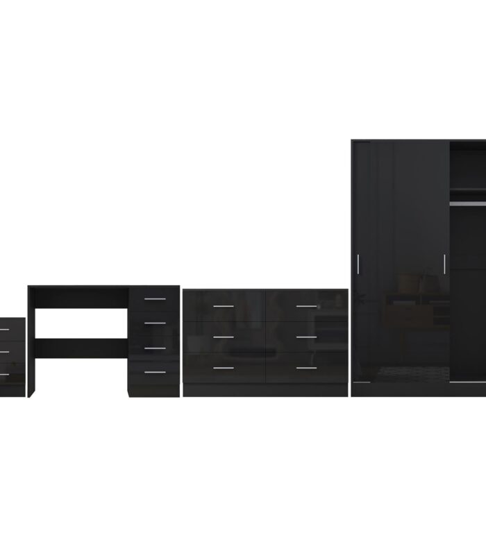 Reflect 2 Door Sliding Wardrobe, 6 Drawer Wide Chest, 3 Drawer Bedside, 4 Drawer Desk - Black Gloss & Black Oak - Modern Bedroom Furniture Set.