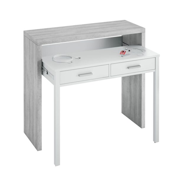 AMBRA Extending Computer Desk with 2 Storage Drawers - Home Office & Console Table for Bedroom, Living Room, Hallway - White/Grey.