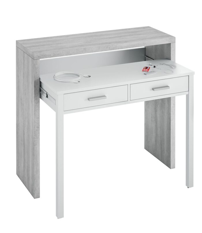 AMBRA Extending Computer Desk with 2 Storage Drawers - Home Office & Console Table for Bedroom, Living Room, Hallway - White/Grey.