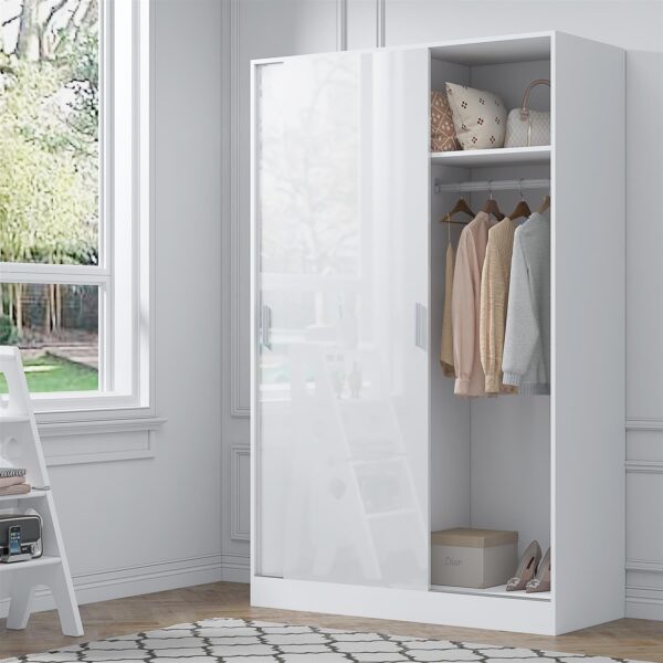 Reflect 2 Door Sliding Wardrobe - White Gloss & Matt White - Hanging Rails & Shelves - H:180cm x W:120cm x D: 58cm - Modern Design - Image 2