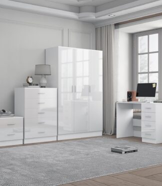Reflect 3 Door Plain Wardrobe, 5 Drawer Chest, 2 Drawer Bedside & Desk - White Gloss & Matt White - Modern Bedroom Furniture Set