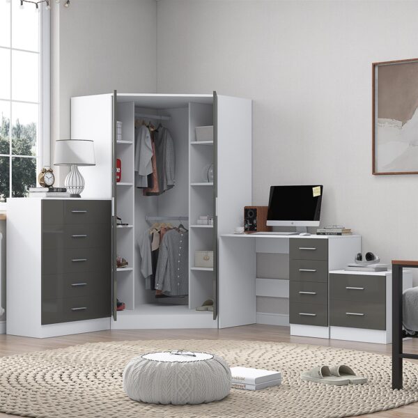 Reflect 2 Door Corner Wardrobe, 5 Drawer Chest, 2 Drawer Bedside & Desk - Grey Gloss & Matt White - Bedroom Furniture Set - Image 2