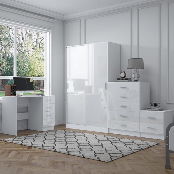 Reflect 2 Door Sliding Wardrobe, 5 Drawer Chest, 2 Drawer Bedside & Desk - White Gloss & Matt White - Modern Bedroom Furniture Set - Image 3