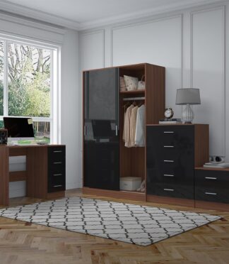 Reflect 2 Door Sliding Wardrobe, 5 Drawer Chest, 2 Drawer Bedside & Desk - Black Gloss & Walnut - Modern Bedroom Furniture Set