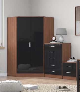 Reflect 2 Door Corner Wardrobe, 5 Drawer Chest, 2 Drawer Bedside - Black Gloss & Walnut - Bedroom Furniture Set