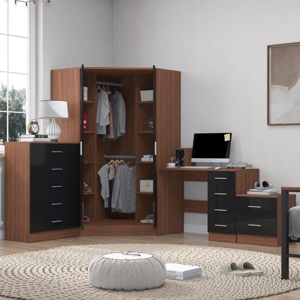 Reflect 2 Door Corner Wardrobe, 5 Drawer Chest, 2 Drawer Bedside & Desk - Black Gloss & Walnut - Bedroom Furniture Set - Image 4