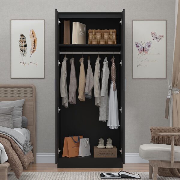 Reflect 2 Door Mirrored Wardrobe - Black Gloss & Black Oak - Hanging Rails & Shelves - H: 180cm x W: 76cm - Modern Sleek Design - Image 6
