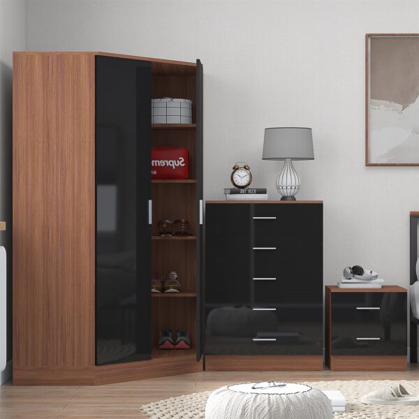 Reflect 2 Door Corner Wardrobe, 5 Drawer Chest, 2 Drawer Bedside - Black Gloss & Walnut - Bedroom Furniture Set - Image 4