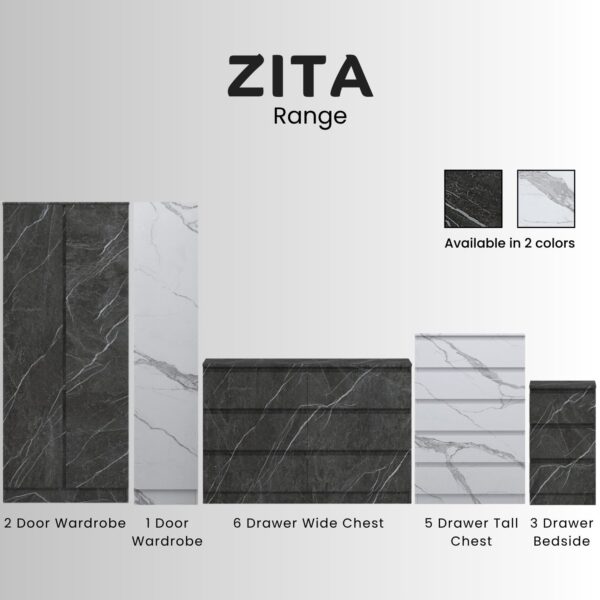 ZITA Bedroom Furniture Wardrobe Chest Bedside in White OR Grey Marble Colour