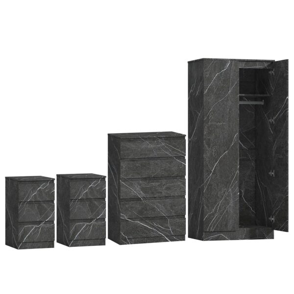 ZITA Grey Marble Effect 4 Piece Bedroom Set - 2 Door Wardrobe, Tall Chest & 2 Bedside Tables, Stylish Storage Solution - Image 2