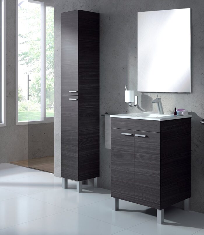 Baltic Grey Ash Wood Effect Tall 2 Door Bathroom Storage Cabinet, Organiser for Toiletries & Towels - H: 182cm x W: 30cm x D: 25cm.