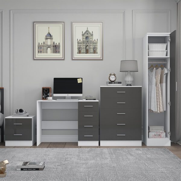 Reflect 1 Door Plain Wardrobe, 5 Drawer Chest, 2 Drawer Bedside & Desk - Grey Gloss & Matt White - Bedroom Furniture Set - Image 5