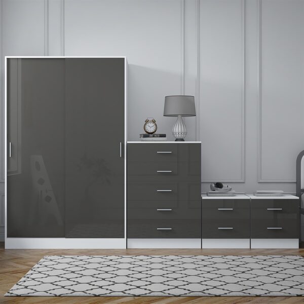 Reflect 2 Door Sliding Wardrobe, 5 Drawer Chest, 2x 2 Drawer Bedsides - Grey Gloss & Matt White - Modern Bedroom Furniture Set - Image 4