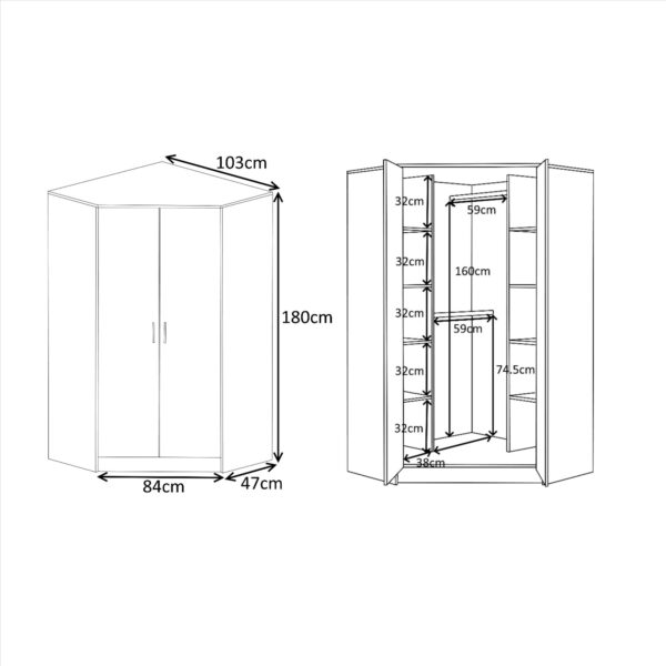 Reflect 2 Door Corner Wardrobe, 5 Drawer Chest, 2 Drawer Bedside - Grey Gloss & Matt White - Bedroom Furniture Set - Image 9