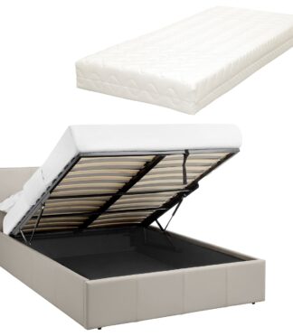 LUNA 3FT Single Cream Beige Ottoman Storage Bed with Gas Lift Up & Memory Foam & Spring Mattress - L: 203cm x W: 108cm x H: 88.5cm