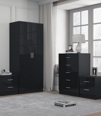Reflect 2 Door Plain Wardrobe, 5 Drawer Chest, 2x 2 Drawer Bedsides - Black Gloss & Black Oak - Modern Bedroom Furniture Set