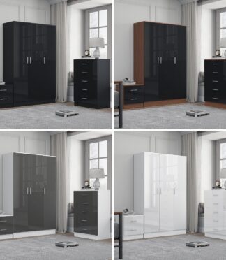 REFLECT Gloss 3pc Bedroom Set - 3 Door Wardrobe + 5 Draw Chest + Bedside