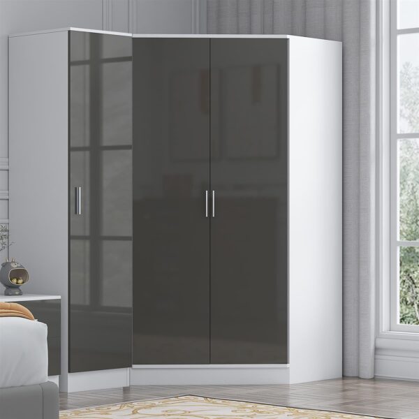 Reflect 2pc Wardrobe Bundle - 2 Door Corner + 1 Door Plain - Grey Gloss & Matt White - H: 180cm x W: 179cm x D: 103cm - Image 4