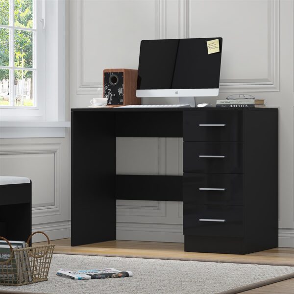 Reflect 4 Drawer Desk - Black Gloss & Black Oak - Modern Bedroom Storage for Vanity, Work or Study - H: 72cm x W: 99cm x D: 39.5cm