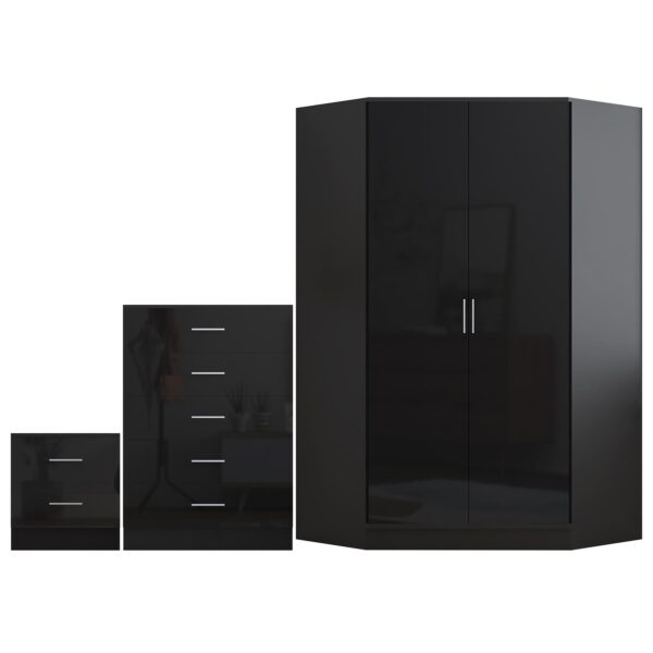 Reflect 2 Door Corner Wardrobe, 5 Drawer Chest, 2 Drawer Bedside - Black Gloss & Black Oak - Bedroom Furniture Set - Image 3