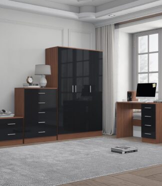 Reflect 3 Door Plain Wardrobe, 5 Drawer Chest, 2 Drawer Bedside & Desk - Black Gloss & Walnut - Modern Bedroom Furniture Set