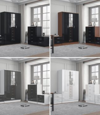 REFLECT Gloss 4pc Set - 3 Door Mirrored Wardrobe + 5 Draw Chest + 2 Bedsides