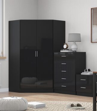 Reflect 2 Door Corner Wardrobe, 5 Drawer Chest, 2 Drawer Bedside - Black Gloss & Black Oak - Bedroom Furniture Set