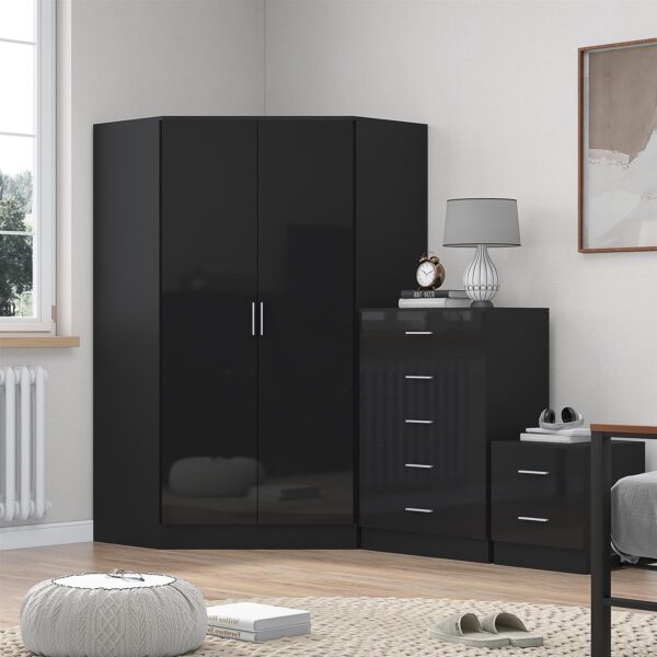 Reflect 2 Door Corner Wardrobe, 5 Drawer Chest, 2 Drawer Bedside - Black Gloss & Black Oak - Bedroom Furniture Set