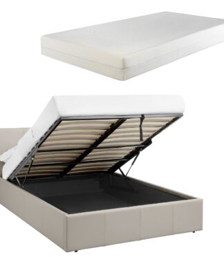 LUNA 4FT Small Double Cream Beige Ottoman Storage Bed Gas Lift & 20cm Thick Memory Foam Mattress - L: 203cm x W: 138cm x H: 88.5cm