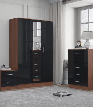Reflect 3 Door Mirror Wardrobe, 5 Drawer Chest, 2 Drawer Bedside - Black Gloss & Walnut - Modern Bedroom Furniture Set