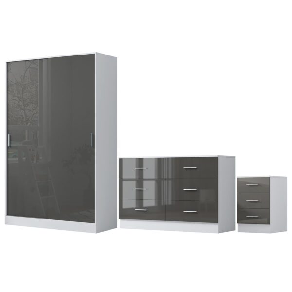 Reflect 2 Door Sliding Wardrobe, 6 Drawer Wide Chest, 3 Drawer Bedside - Grey Gloss & Matt White - Modern Bedroom Furniture Set - Image 5
