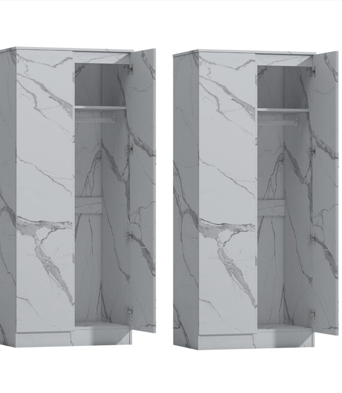 ZITA White Marble Effect 2 Piece Wardrobe Bundle - 2 x 2-Door Wardrobes, (L) 50cm x (W) 76cm x (H) 180cm.