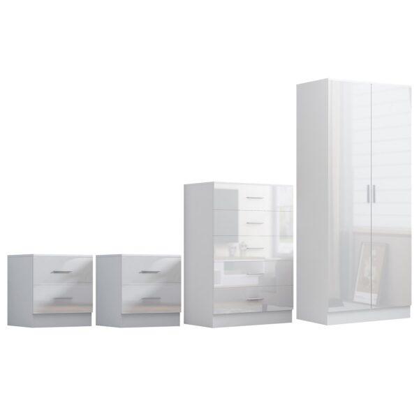 Reflect 2 Door Plain Wardrobe, 5 Drawer Chest, 2x 2 Drawer Bedsides - White Gloss & Matt White - Modern Bedroom Furniture Set - Image 10