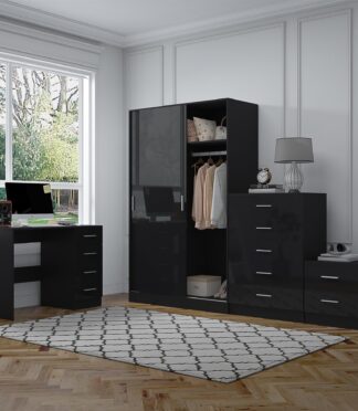 Reflect 2 Door Sliding Wardrobe, 5 Drawer Chest, 2 Drawer Bedside & Desk - Black Gloss & Black Oak - Modern Bedroom Furniture Set