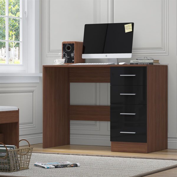 Reflect 4 Drawer Desk - Black Gloss & Walnut - Modern Bedroom Storage for Vanity, Work or Study - H: 72cm x W: 99cm x D: 39.5cm
