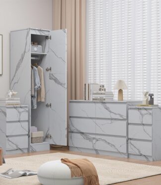 ZITA White Marble Effect 4pc Bedroom Set - 1-Door Wardrobe, Wide Chest & 2 Bedside Tables, Contemporary Bedroom Storage Solution