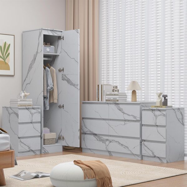 ZITA White Marble Effect 4pc Bedroom Set - 1-Door Wardrobe, Wide Chest & 2 Bedside Tables, Contemporary Bedroom Storage Solution
