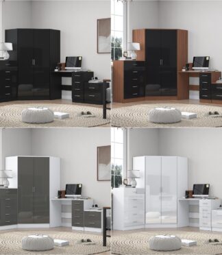 REFLECT Gloss 4pc Set - 2 Door Corner Wardrobe + 5 Draw Chest + Bedside + Desk