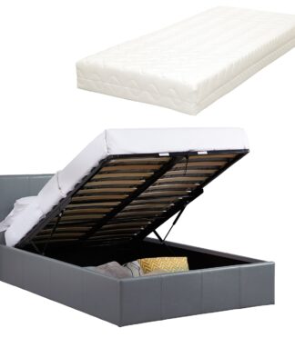 LUNA 4FT6 Double Grey Ottoman Storage Bed with Gas Lift Up & Memory Foam & Spring Mattress - L: 203cm x W: 153cm x H: 88.5cm